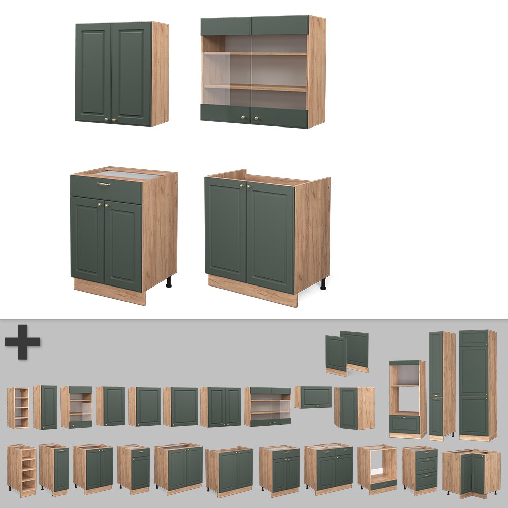 Vicco Küchenzeile Küchenblock Einbauküche Fame-Line Single Landhaus Eiche Grün Gold 140 cm modern Küchen Schränke Spülenunterschrank Schubunterschrank Hängeschrank Hängeglasschrank