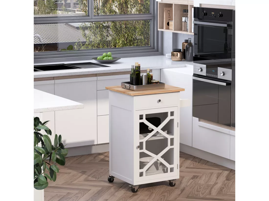 Desserte de cuisine à roulettes - tiroir, placard, porte-serviette - MDF blanc plateau bois hévéa