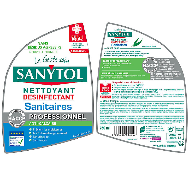 Détartrant désinfectant sanitaires eucalyptus Sanytol 0,75L
