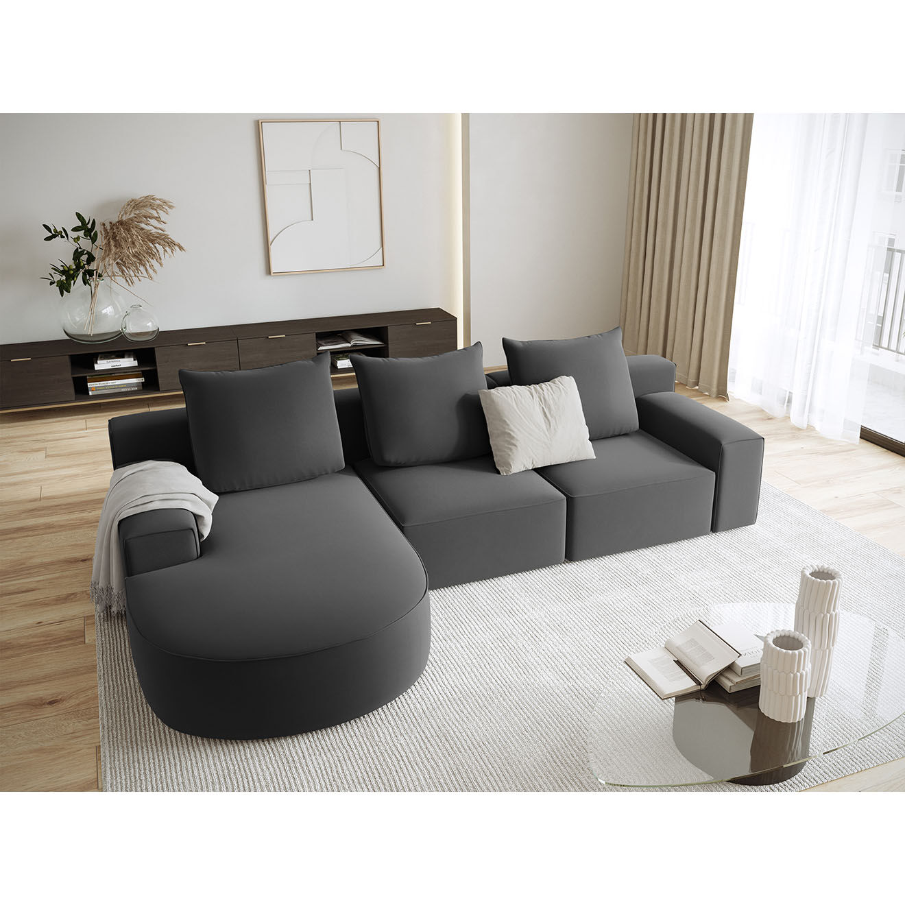 Mazzini Sofas Canapé d'angle gauche arrondi en velours Ivy 5 Places gris foncé - 285x180x89 cm