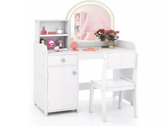 2 en 1 Bureau Enfants avec Chaise & 120 Lumières LED, Coiffeuse Enfants Fille avec Miroir Acrylique, 2 Etagères & Tiroir, Dispositif Anti-basculement, Charge 50kg pour Enfants de 3 Ans+