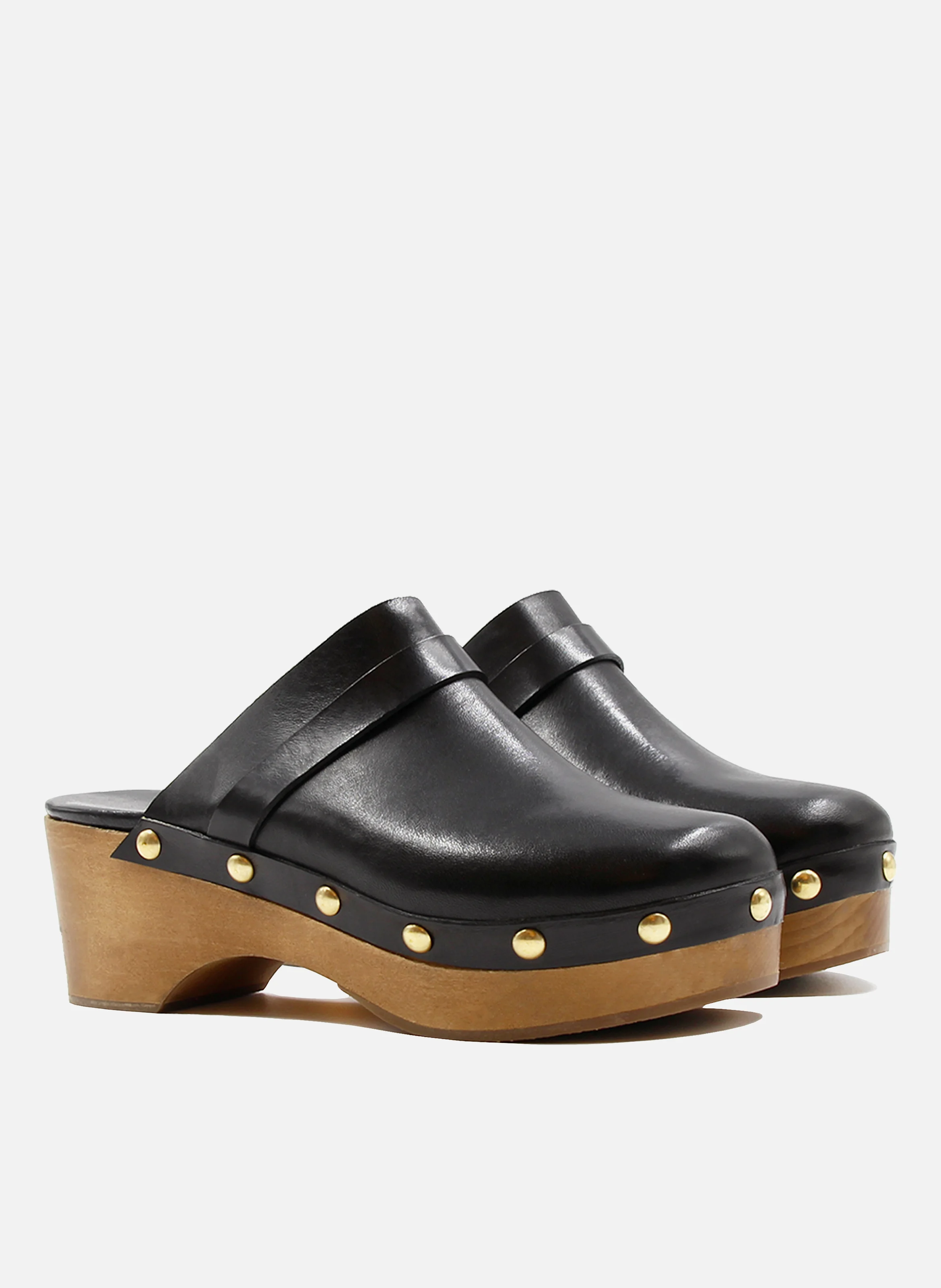 Sabots bois clous cuir tannage végétal | Noir