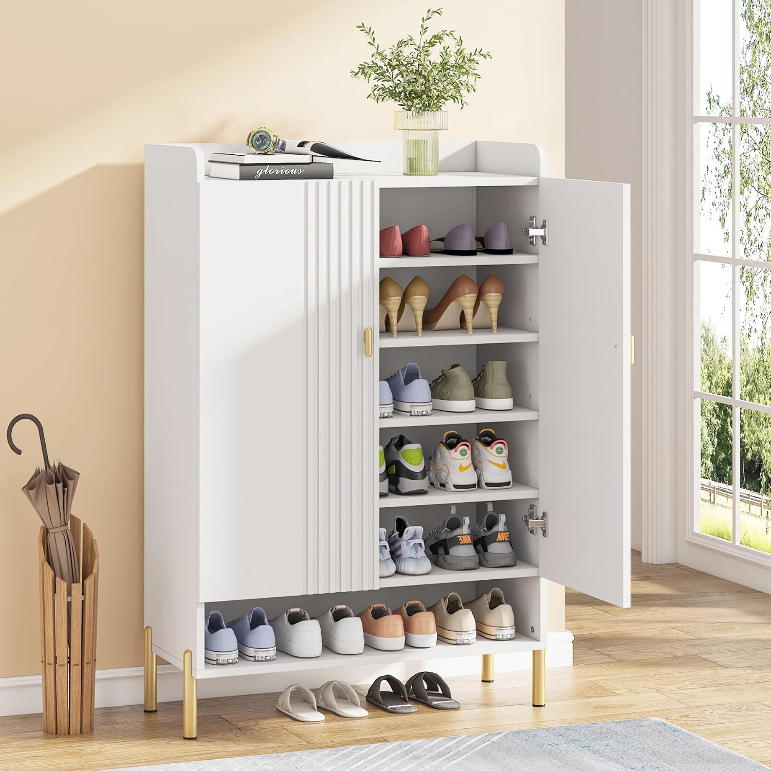 Tribesigns Schuhschrank, Schuhregal 6 Ebenen, Schuhaufbewahrung mit höhenverstellbare Ablage, freistehende Schuhkommode mit Türen für Eingang, Flur, Wohnzimmer, weiß