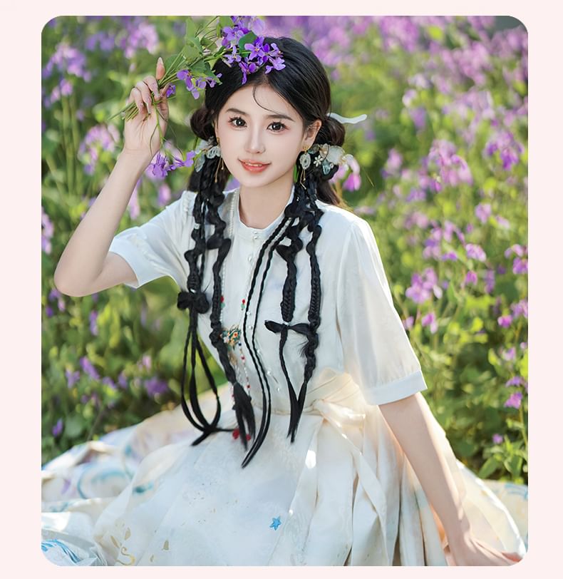 Fioridi - Hanfu-top met korte mouwen en knoopjes / Midi-rok met hoge taille en feniksprint