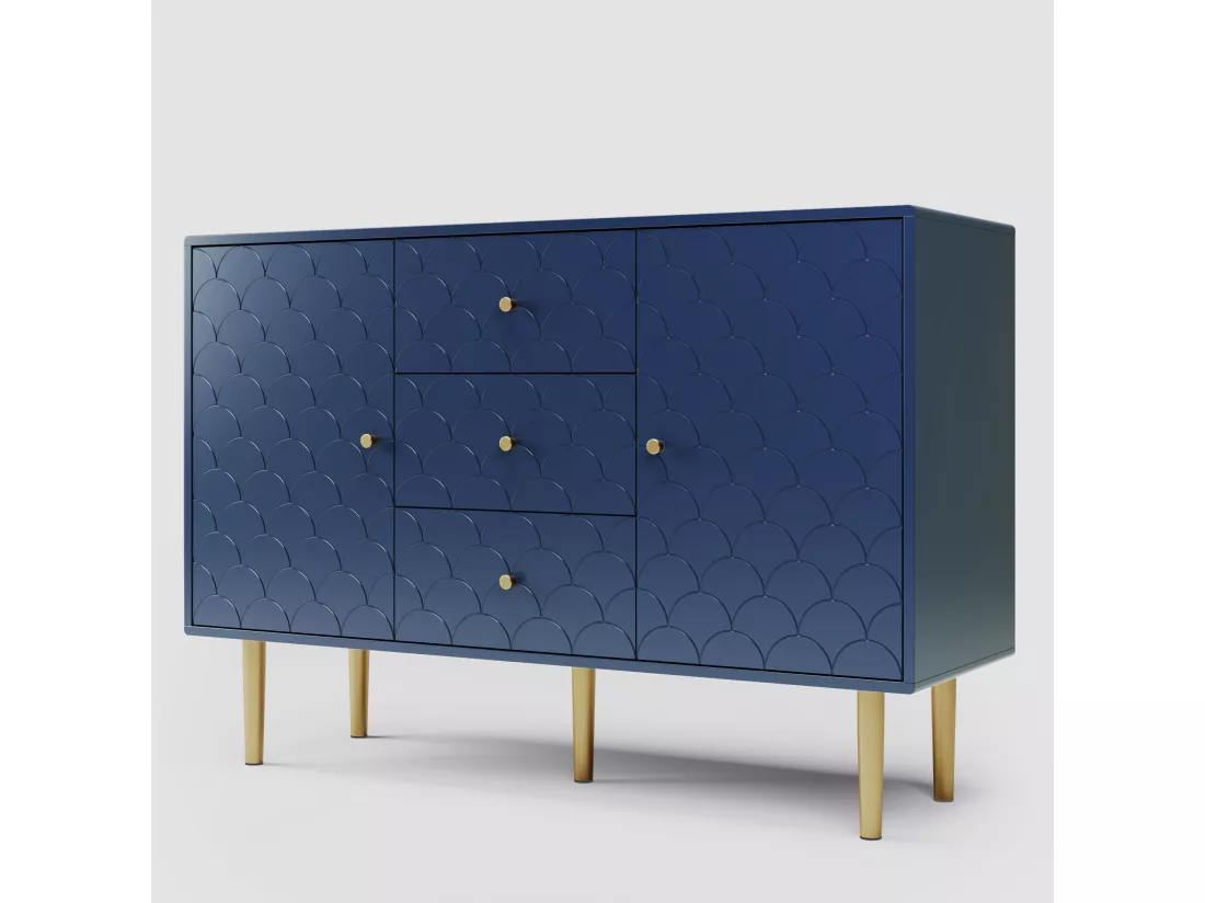 Commode avec 2 portes et 3 tiroirs, Etagère réglable, Bois massif + panneaux de Particules, Bleu marine - H82/L120/P40 cm