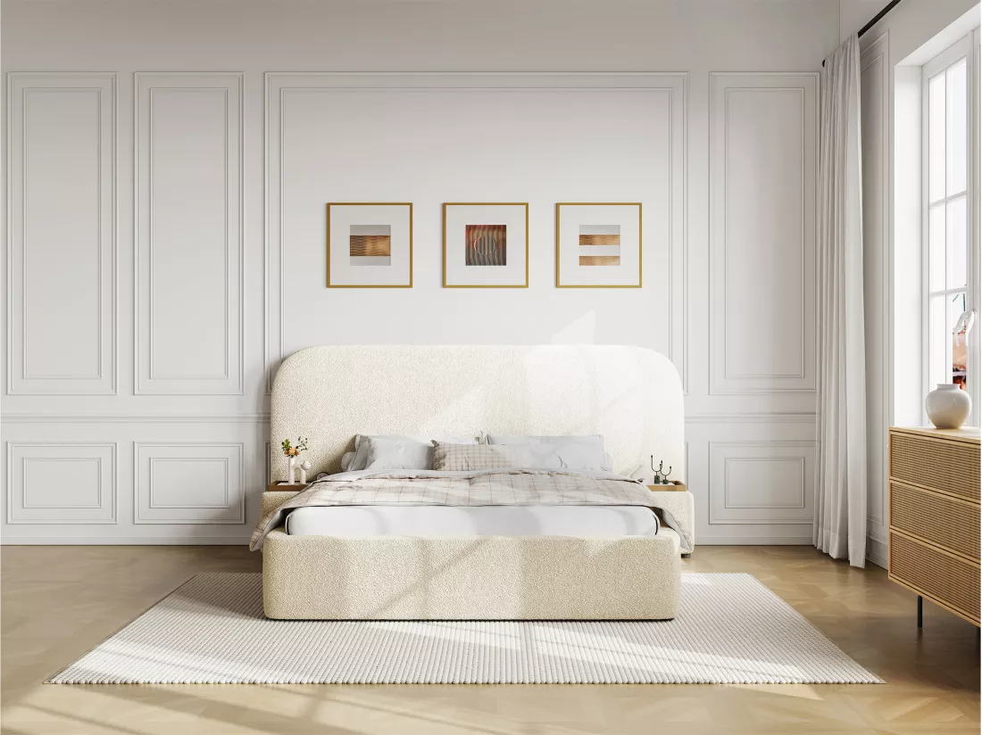 Lit coffre 180 x 200 cm avec chevets - Tissu bouclette - Blanc - ESTERIA de Maison Céphy