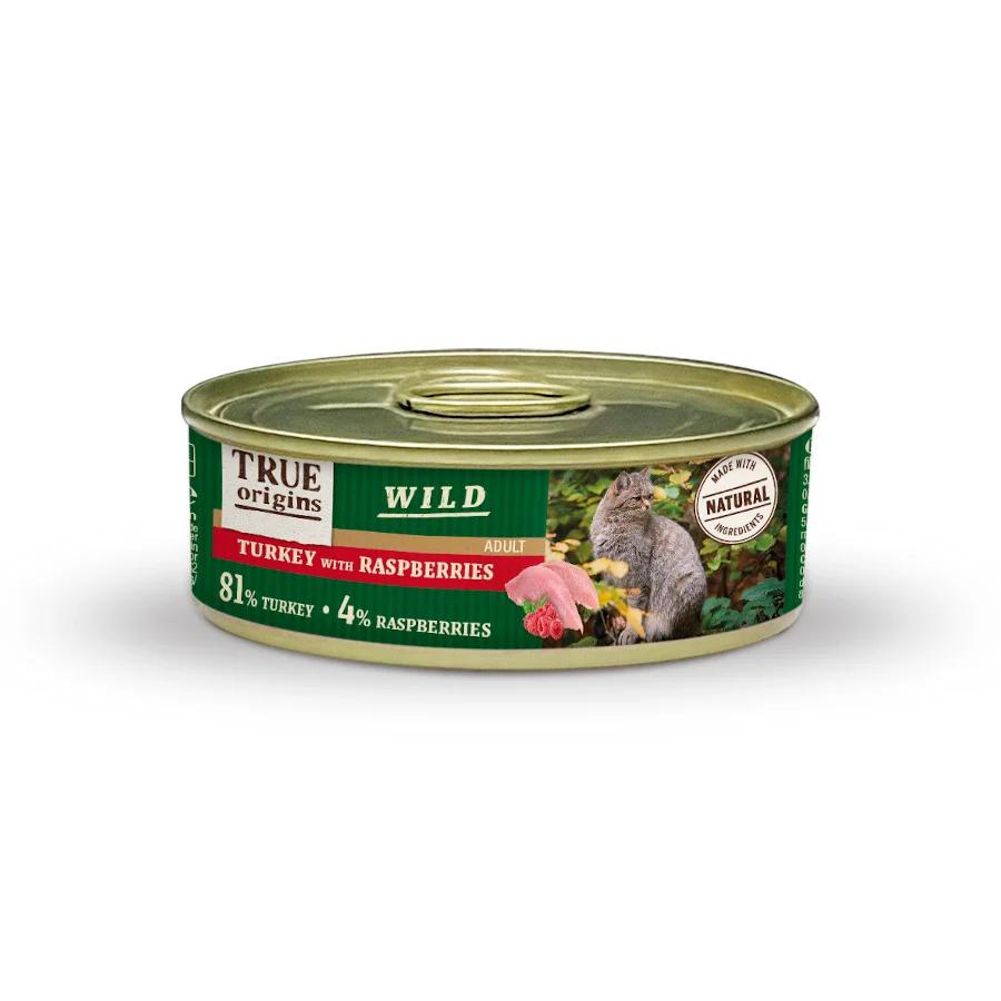 Lata de 85g de True Origins Wild Adult Turkey and Raspberry para gatos