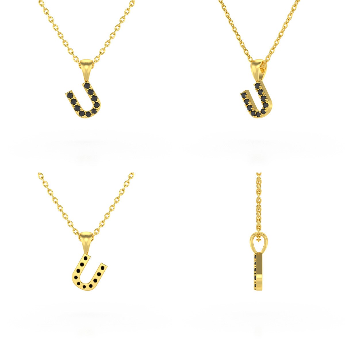 Collier Pendentif ADEN Lettre U Or 750 Jaune Diamant Noir Chaine Or 750 incluse 0.72grs