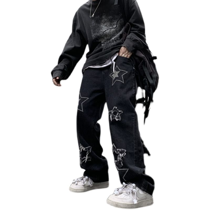 Zentrus - Wijde jeans met sterrenprint en distressed look