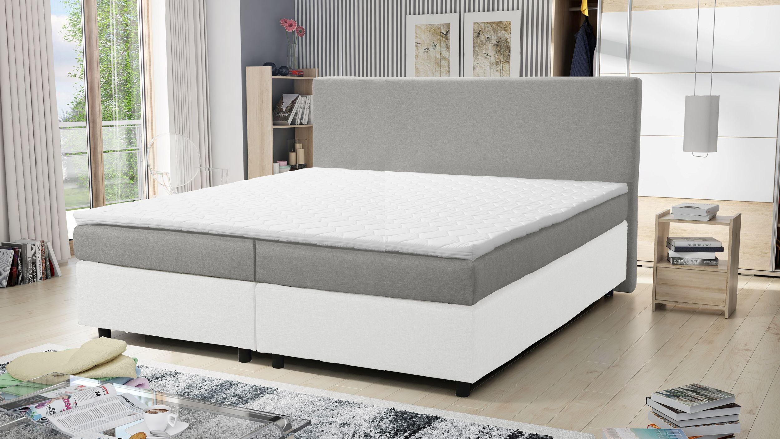 Boxspringbett 180x200 Hotelbett Bonellfederkern Bett Topper Paxos 6 Grau Weiß