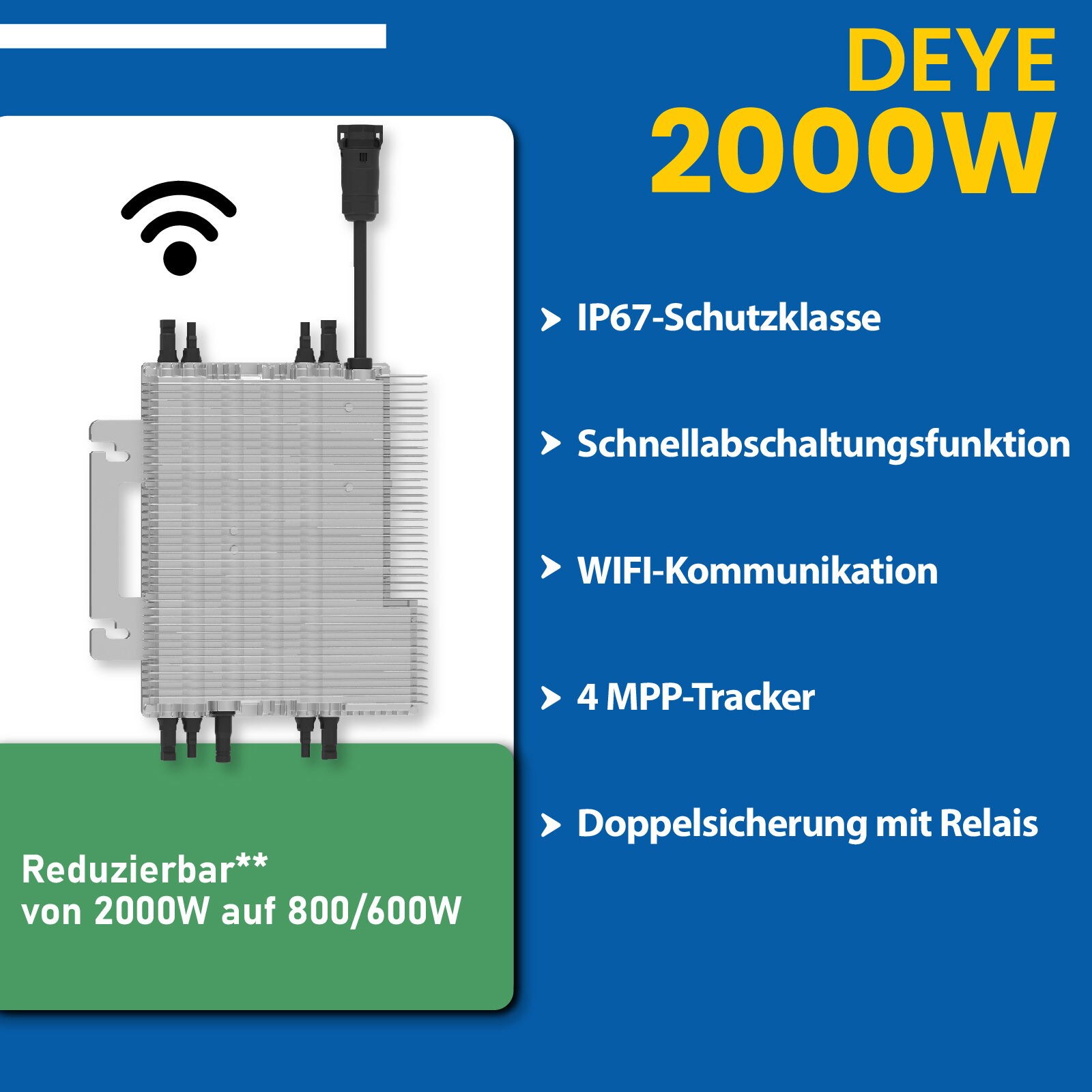 Epp Balkonkraftwerk Komplettset 2000W Bifazial | Deye Wechselrichter 2000W | Photovoltaik Solaranlage mit 5m Wielandstecker
