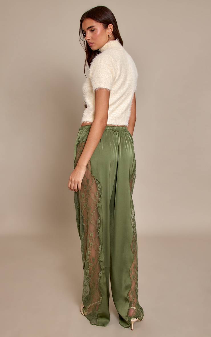 Vert Olive Foncé Pantalon En Satin À Lacets Avec Cordon De Serrage