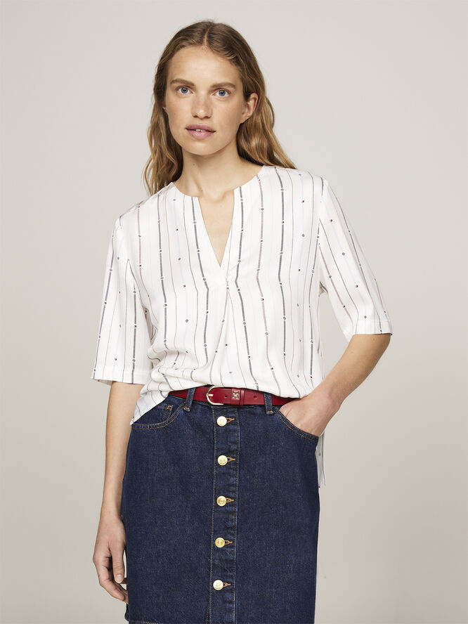 Tommy Hilfiger FOULARD STP V-NECK SS BLOUSE Foulard flag stp/ multi