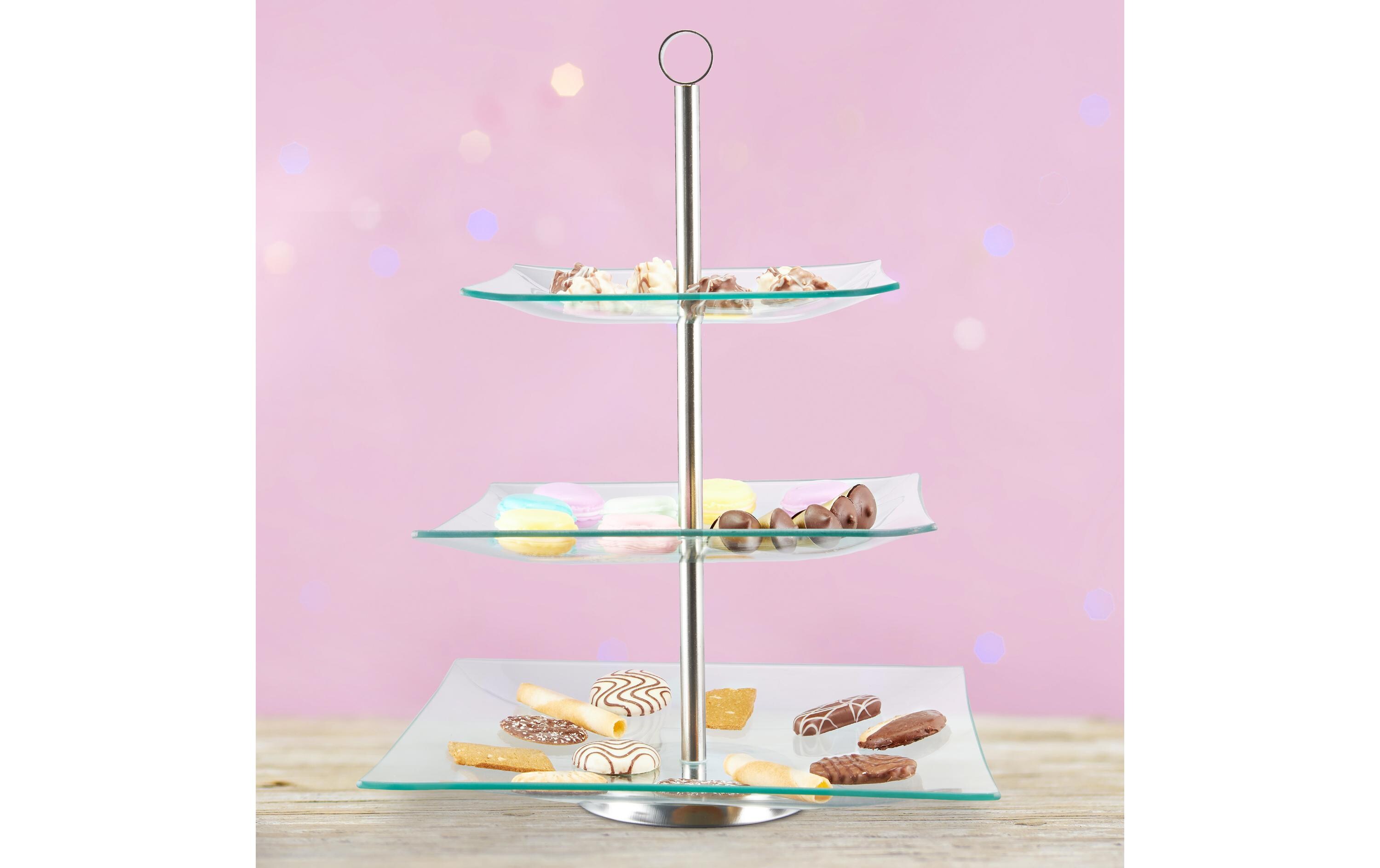 Etagere eckig, 3-stufig, Silber/TransparentServierständer aus Glas und Edelstahl