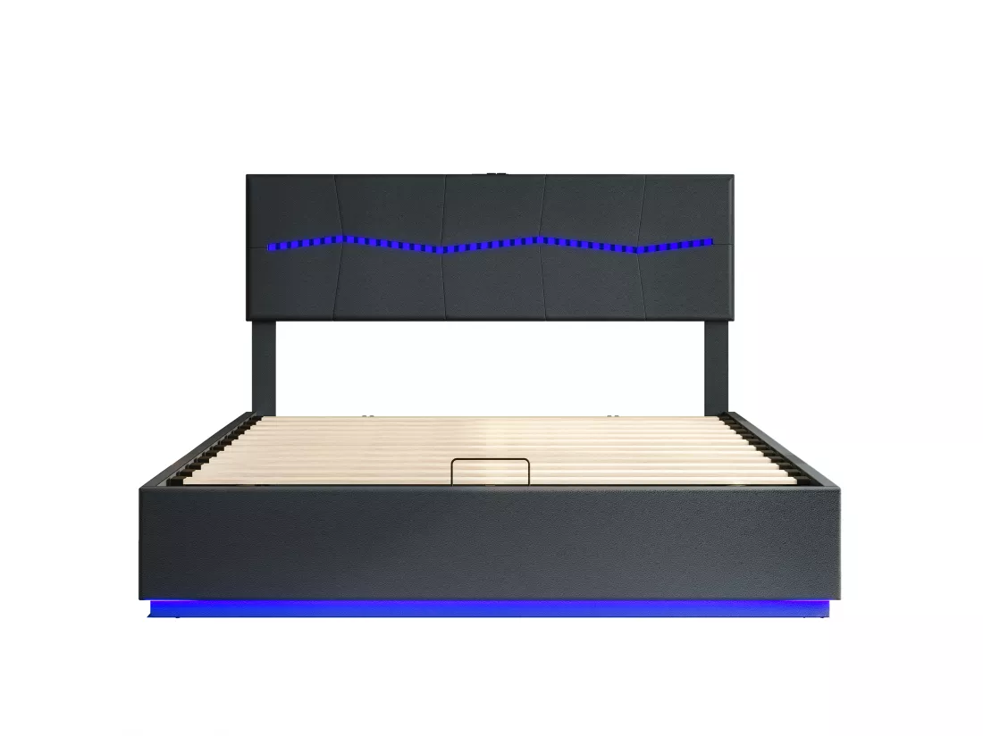 Lit coffre 140 x 200 cm avec éclairage LED et charge USB - hydraulique - Lit 2 Personnes - PU - Noir