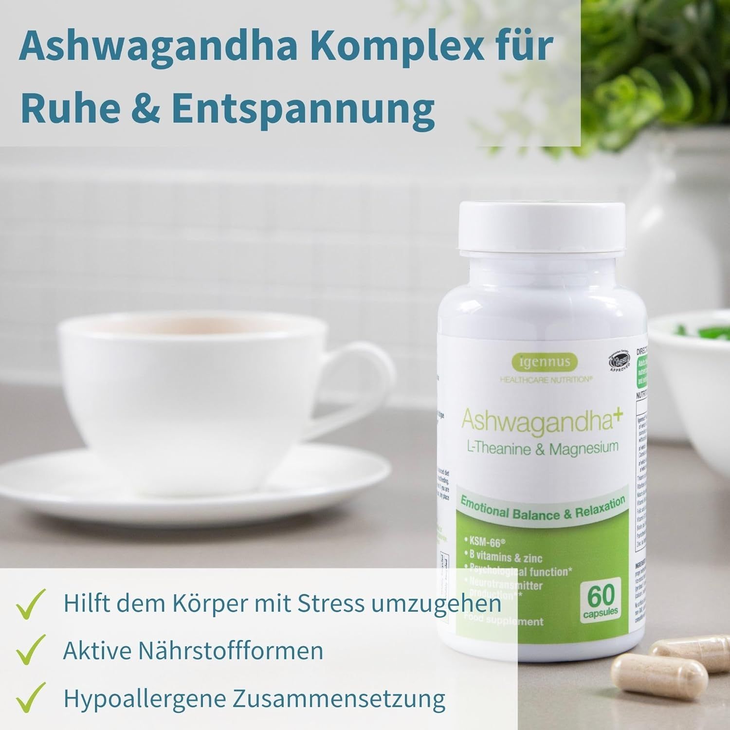 Igennus Ashwagandha KSM-66 Wurzelextrakt mit L-Theanin & Magnesium