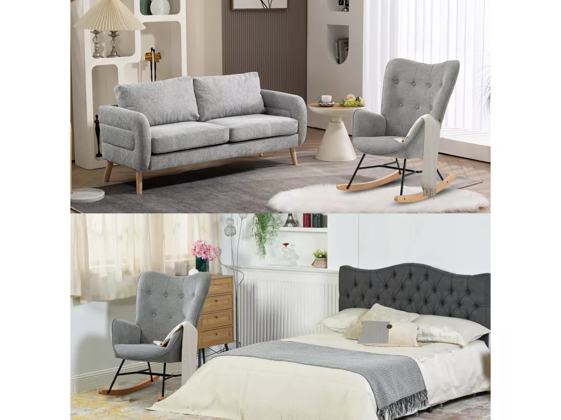 Fauteuil à Bascule Allaitement Scandinave Chaise Loisir et Repos en Tissu avec Pieds en E' Bois Métal pour Salon, Chambre, Massif, Gris Clair