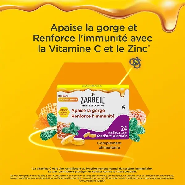 Suplemento alimentar Zarbeil para garganta e imunidade, 24 pastilhas