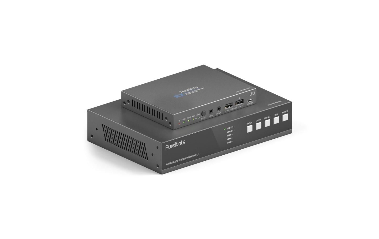 Switcher PT-PSW-52KVM 4K (60 Hz 4:4:4)<br>PureTools - 18 GBps USB-C KVM-Switcher mit Dante und Multiview, 4K (60 Hz 4:4:4) über USBC / HDMI+USB, inkl. Multiview und Dante
