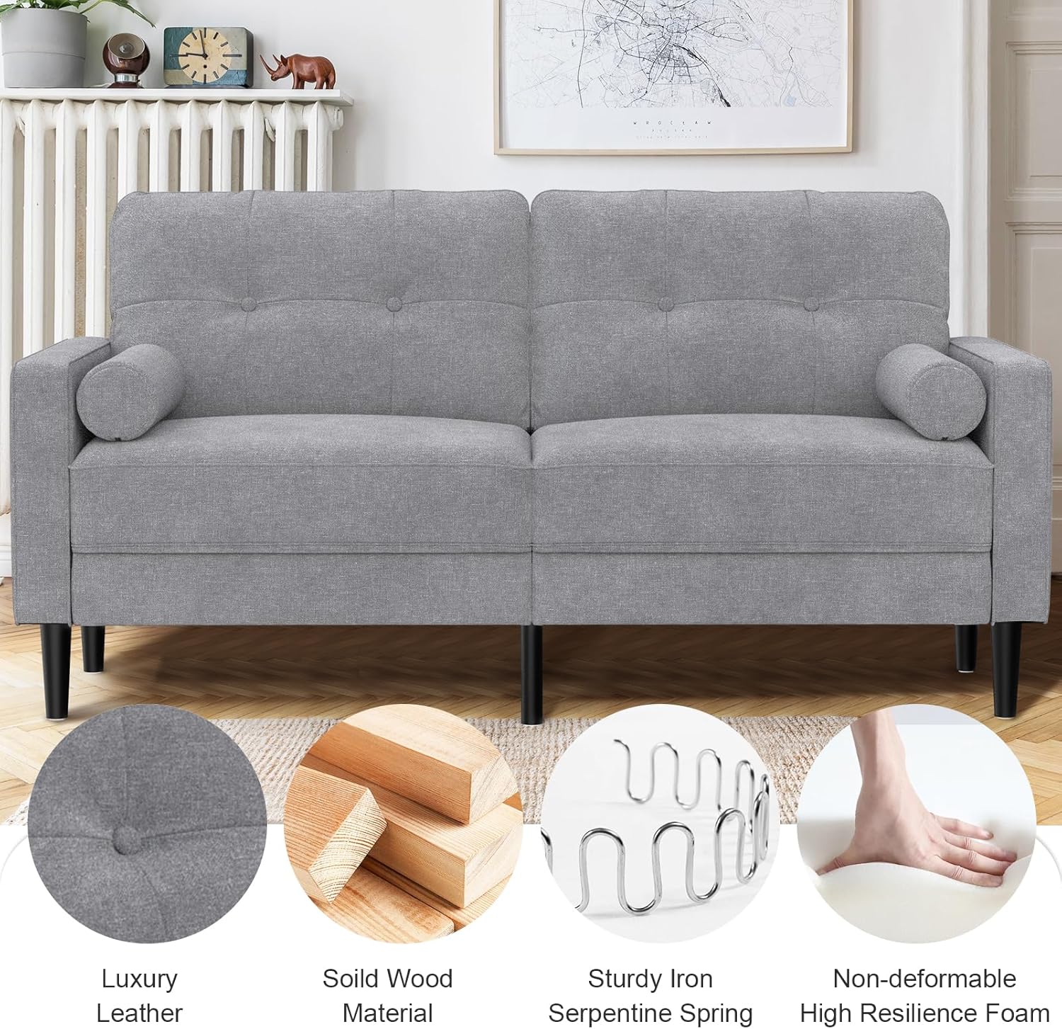 Sofa 2 Sitzer, Modernes Design Mit Dicken Polstern, 2 Kissen, Bequemes Leinensofa Mit 2 Staufächern für Wohnzimmer/Schlafzimmer/Büro, Leicht Zusammenzubauendes Kleines Möbelstück, Grau
