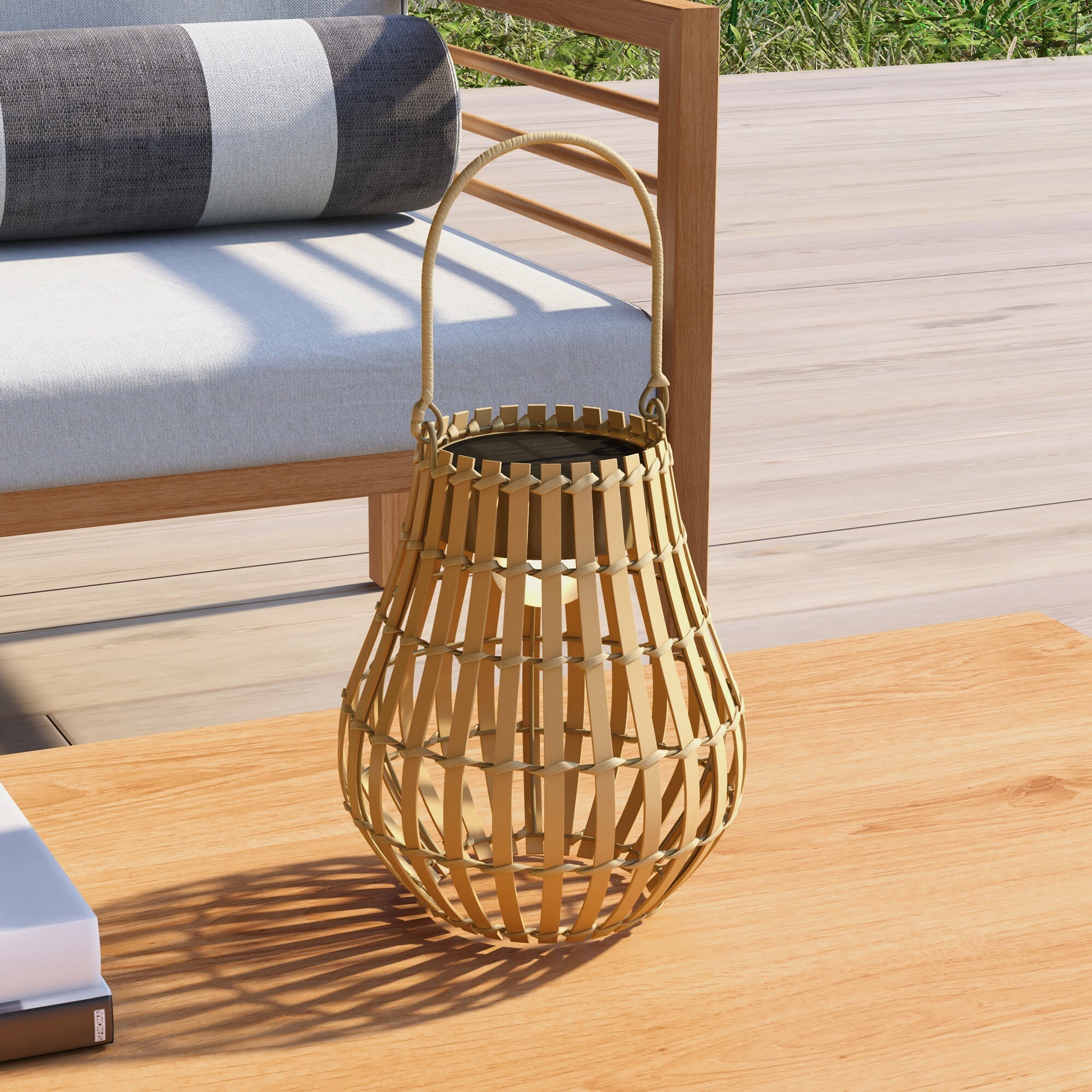 Outsunny Gartenleuchte mit Tragegriff, aufladbar über Solar oder USB-C Kabel natur Ø18,5 x 22H cm
