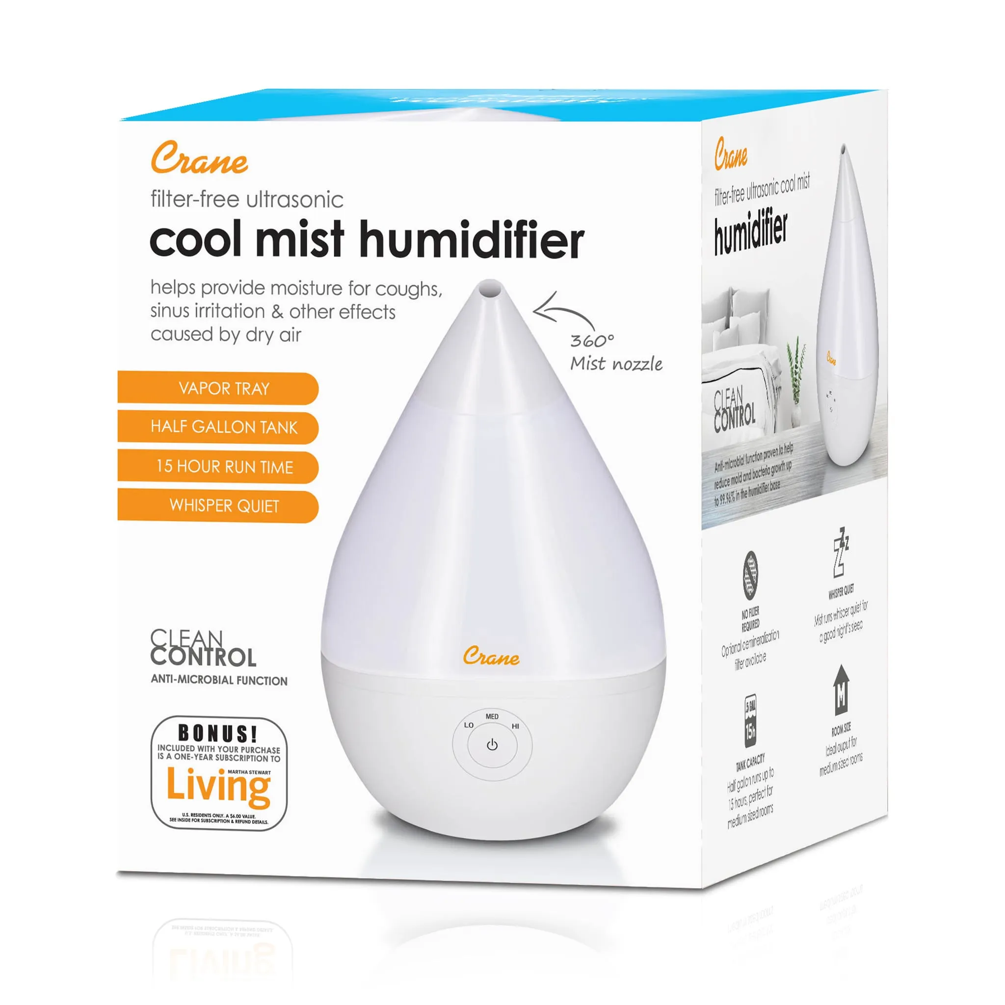 Crane Humidificateur ultrasonique à vapeur froide sans filtre Droplet, 1,89 l (0,5 gal.)