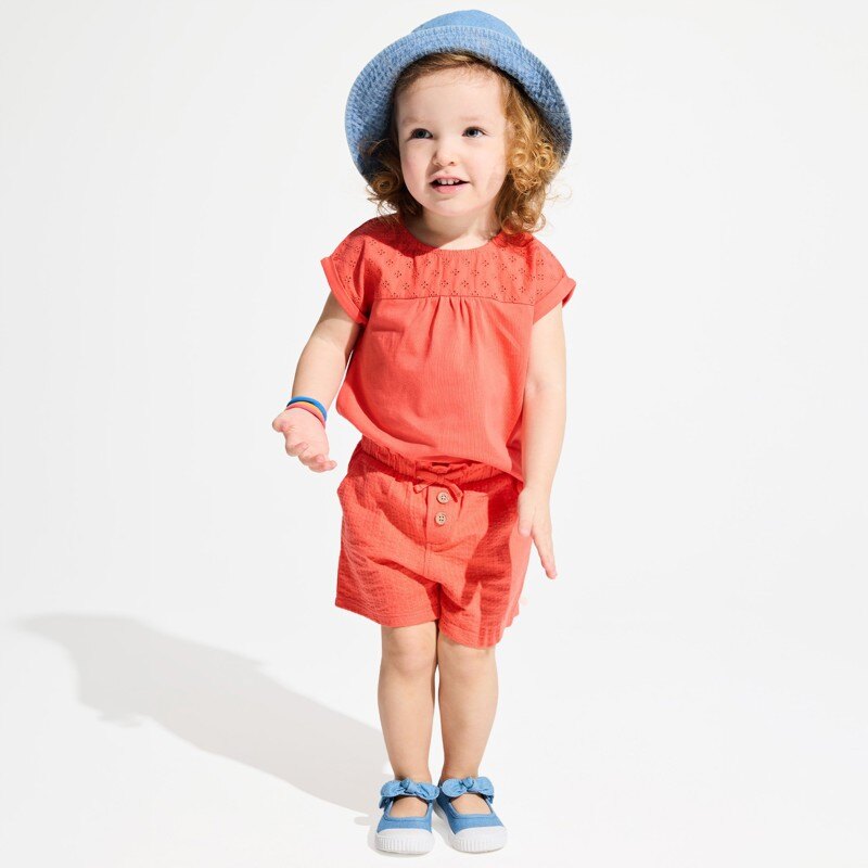 T-shirt bi-matière broderie anglaise orange bébé fille Orange