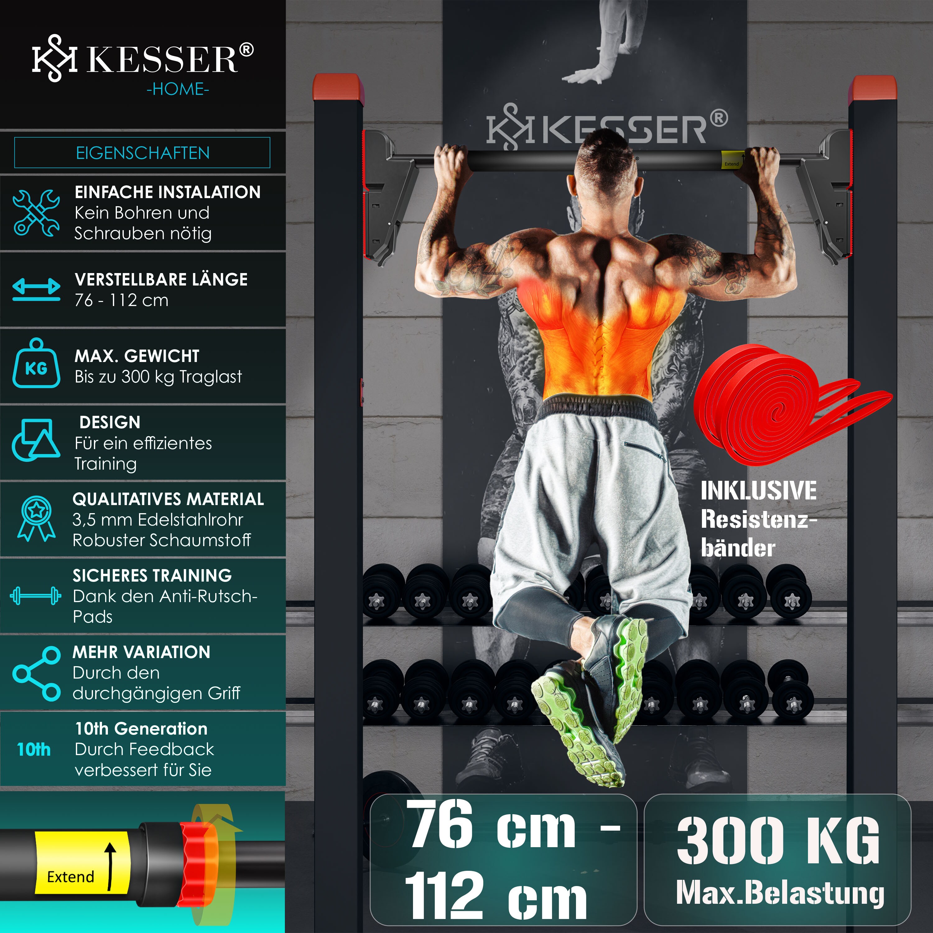 KESSER® Klimmzugstange Türrahmen verstellbar, Pull Up Bar Heimturnhalle, Reckstange ohne Schrauben/Bohren, 76-112 cm Ausziehbar, Tragfähigkeit bis zu 300Kg & rutschfeste Griffe, inkl. Resistenzbänder