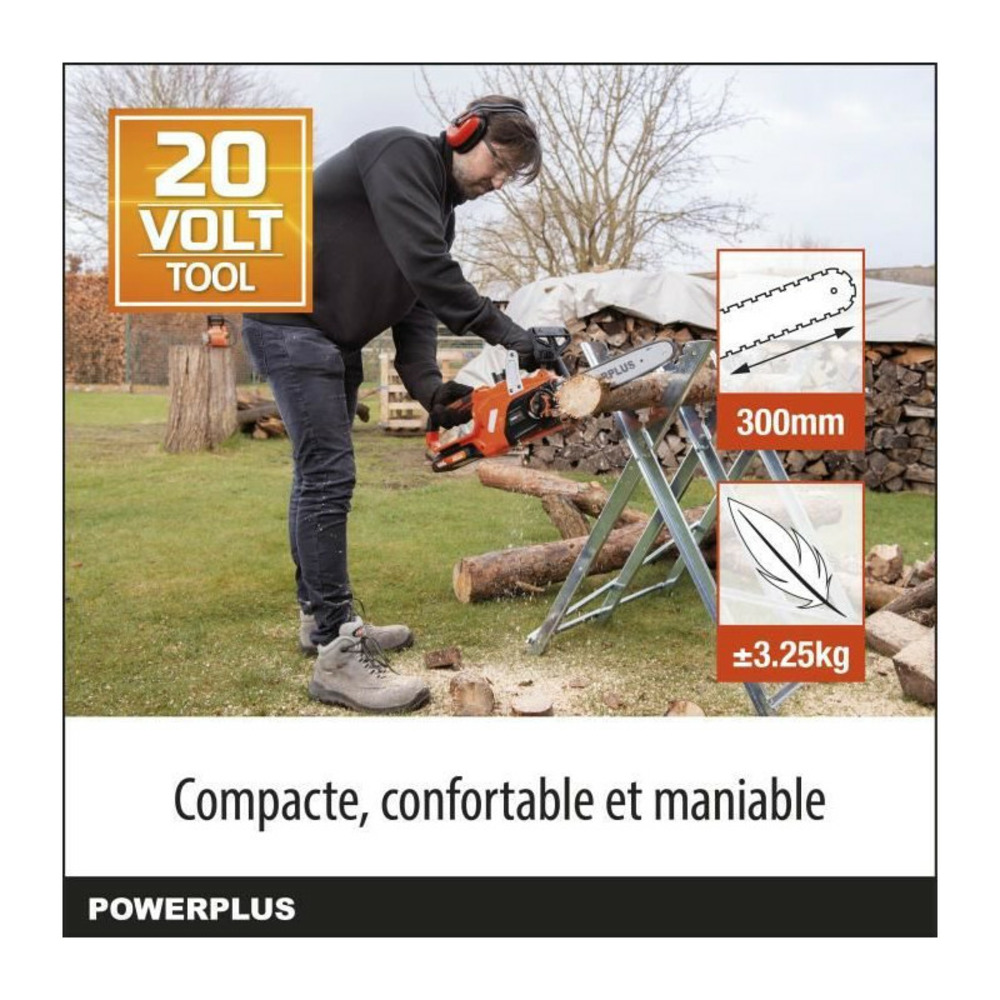 Tronçonneuse a batterie 20v dual power powdpg7570 - guide de 300 mm - livrée sans batterie ni chargeur