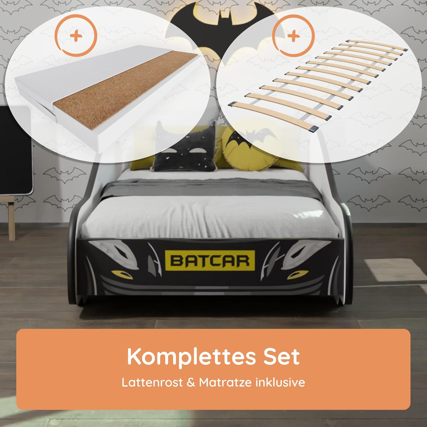 Kids Collective Autobett 70x140 cm Kinderbett Jugendbett mit Rausfallschutz & Matratze | Kinder Spielbett Batman Batmobil Bat Car Auto Bett in schwarz | von Geburt bis 6. Lebensjahr