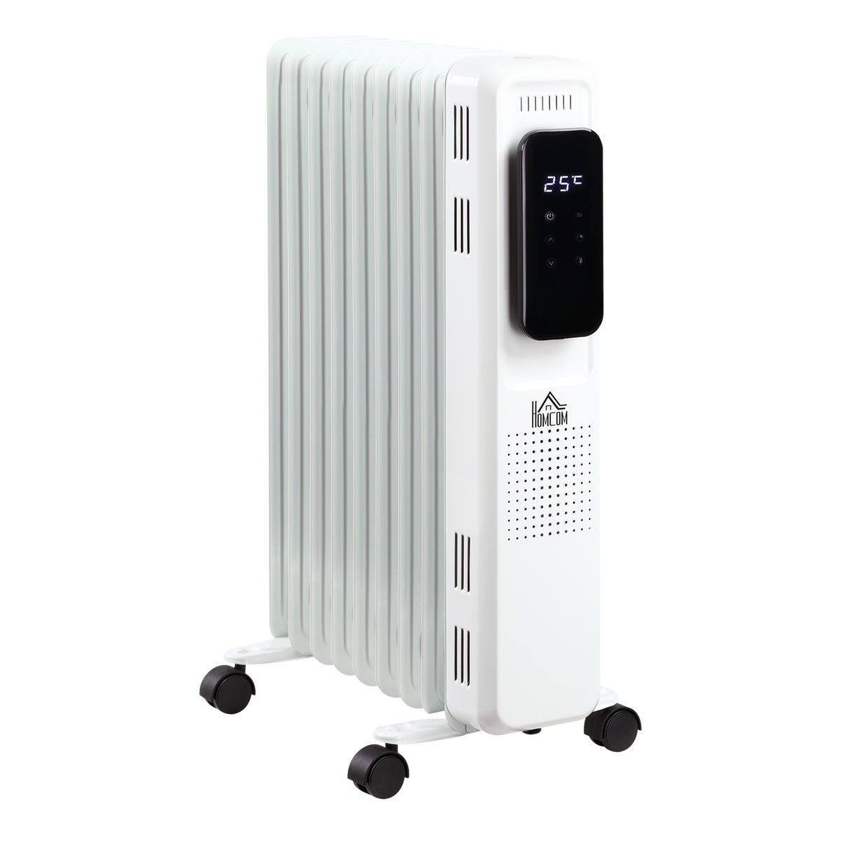 HOMCOM Draagbare elektrische olieradiator, 2000W, 3 warmtestanden, 24-uurs timer, 9 verwarmingspanelen met 4 wielen, wit staal, 42,5 x 24 x 63 cm