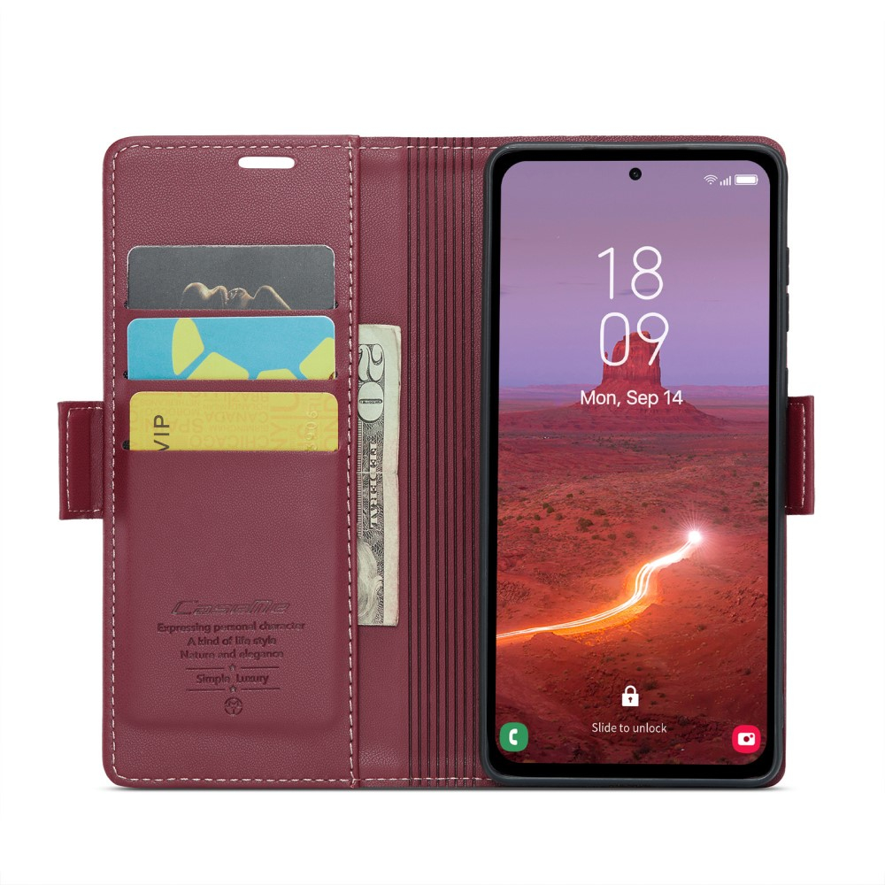Samsung Galaxy A55 Leder Tasche Flip Wallet Etui mit Kartenfächern Litchi Look (RFID Schutz) - Dunkelrot