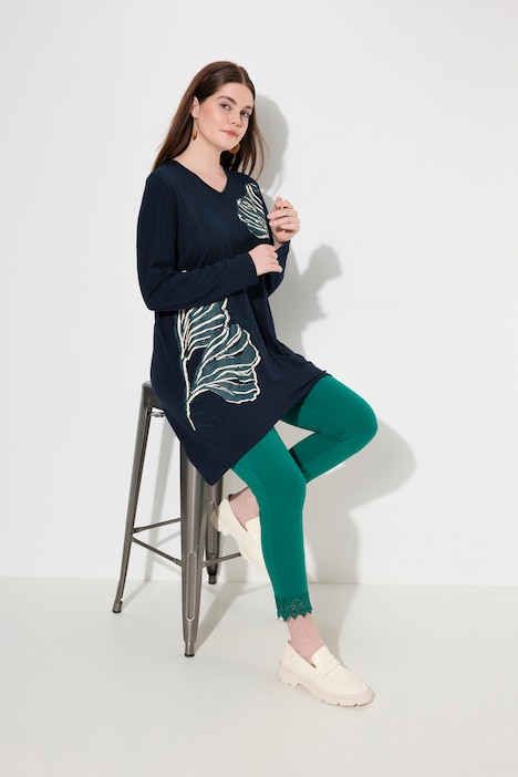 Longshirt, Blätter, V-Ausschnitt, Langarm, Biobaumwolle