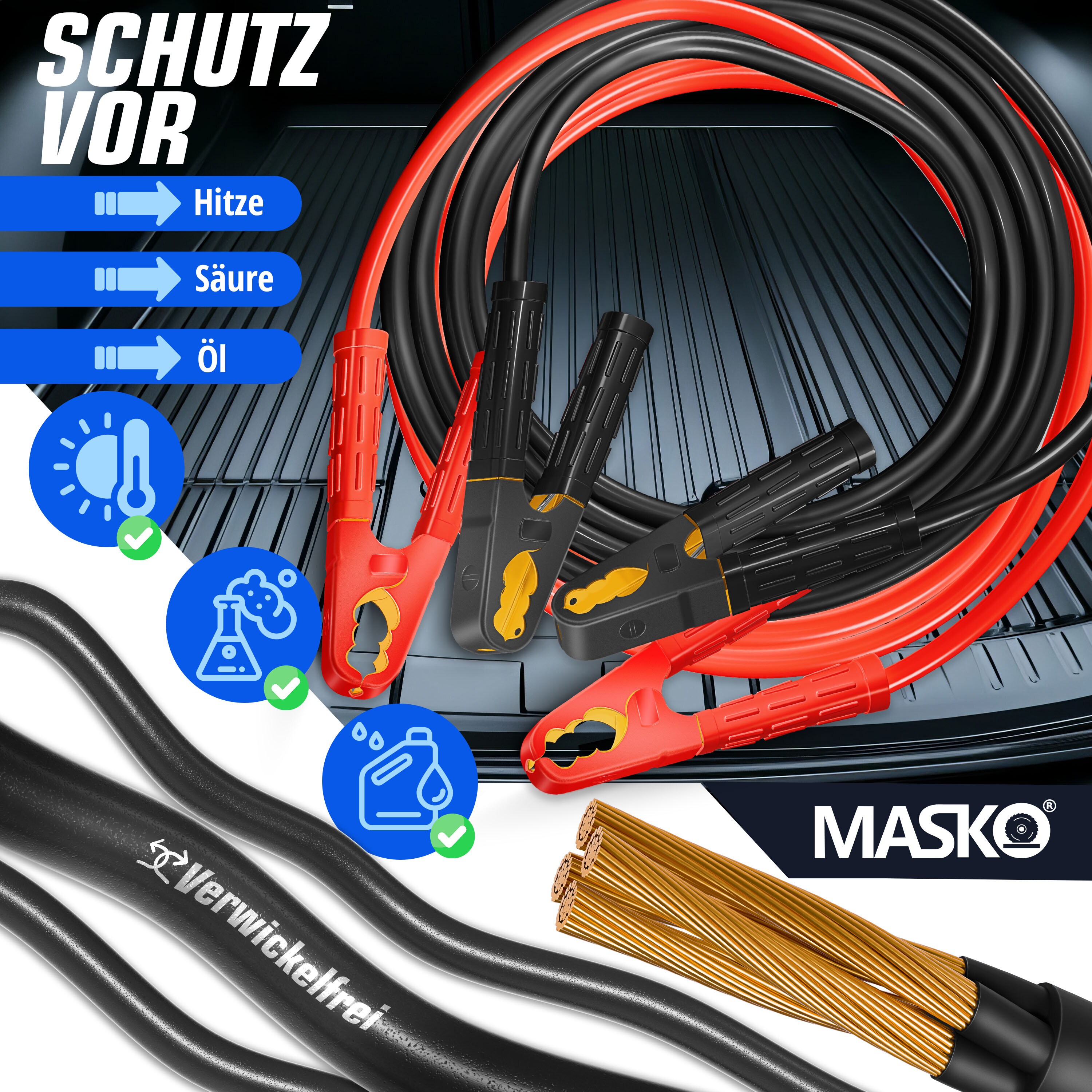 MASKO® Starthilfekabel Überbrückungskabel für Benzin- und Dieselmotoren, 6/12/24 Volt. Auto Motorrad Starterkabel aus Kupfer inkl. Handschuhe und Tragetasche (25mm² 1200A / 30mm² 1500A)