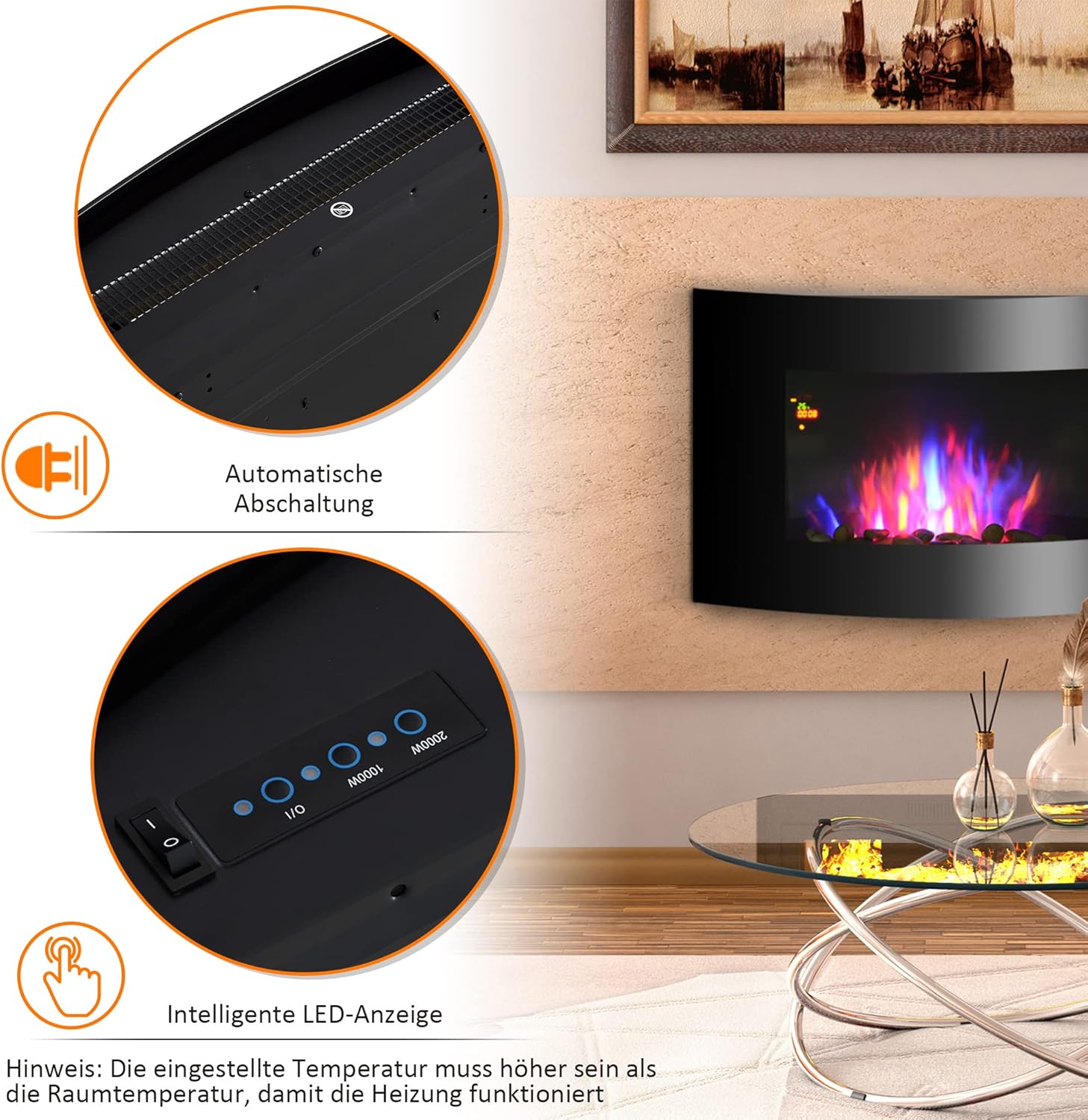 HOMCOM Elektrokamin Kamin Kaminofen Elektrischer 2 Leistungsstufen einstellbar 900/1800 W LED 65 x 11,4 x 52 cm Edelstahl Schwarz