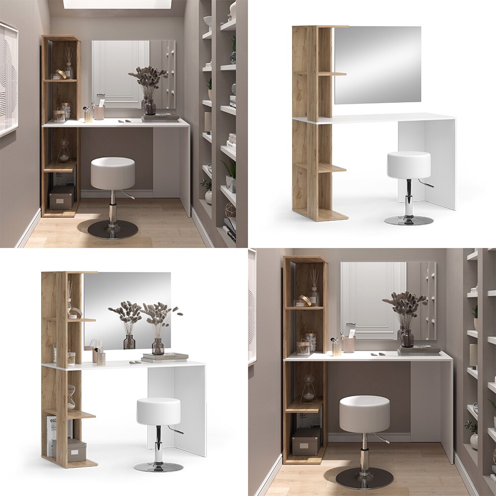 Vicco Schminktisch Tower Weiß Sonoma 122 x 55 cm mit Spiegel und Hocker