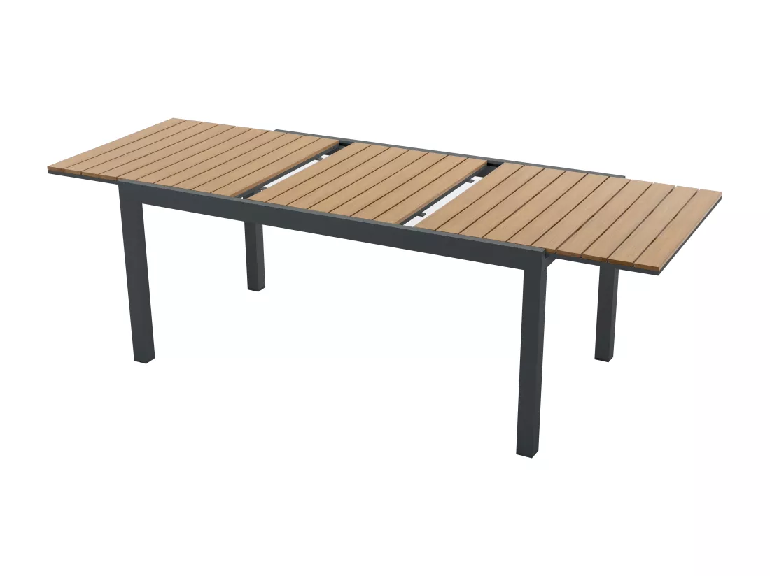 Salle à manger de jardin en aluminium et polywood : une table extensible L.170/230 cm et 6 fauteuils empilables - Naturel clair et anthracite - MACILA de MYLIA