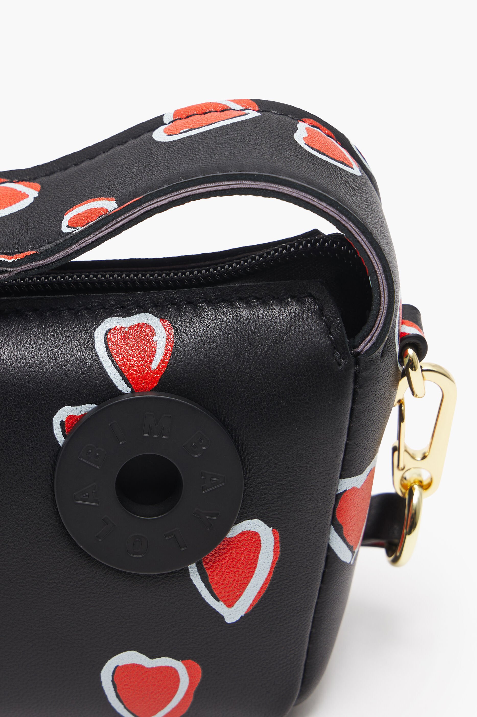 Bolsa hobo de couro tamanho XS com estampa de pequenos corações, preta.