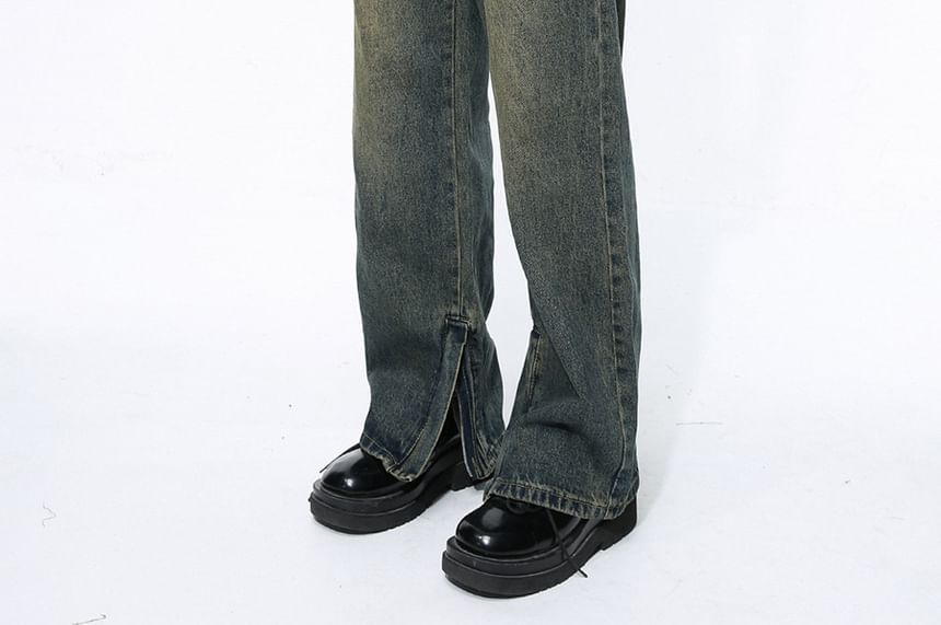 FAERIS - Mid Rise Washed Zip Slit Loose Fit Jeans