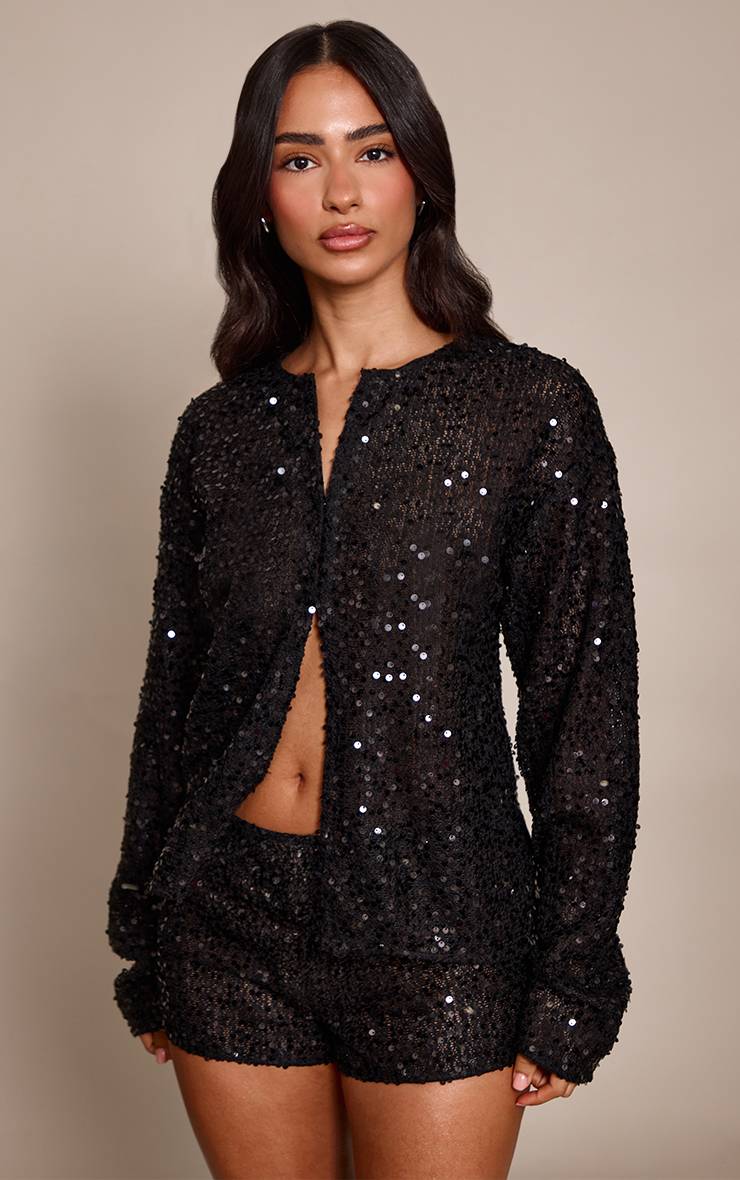 Noir Chemise Boutonnée À Sequins Petite Taille
