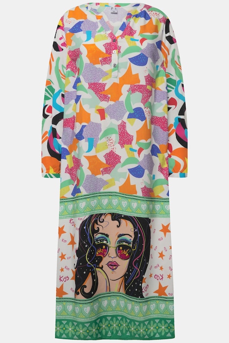 Kleid, Midilänge, Patch-Druck, Tunika-Ausschnitt, Langarm