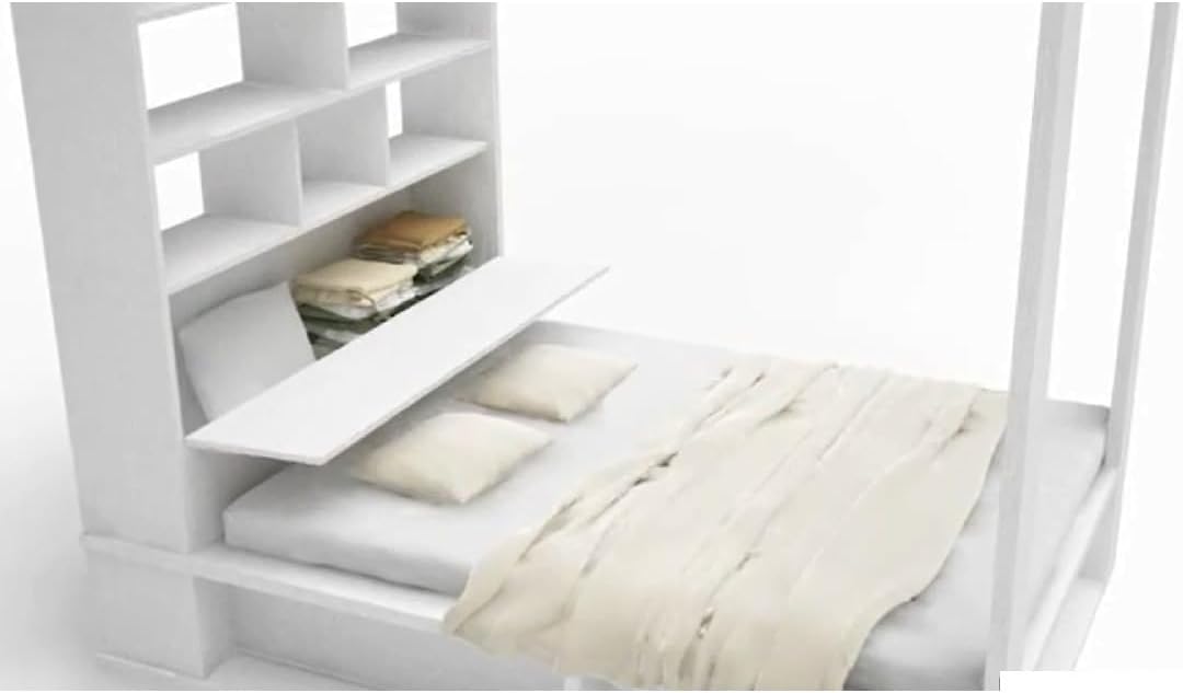 QMM Himmelbett Calgary 160x200 sandbeige Doppelbett Ehebett mit Regalen, aufklappbarem Lattenrost und Bettkasten, Schlafzimmer modernes Design