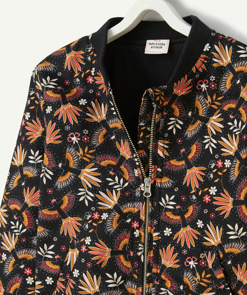 VESTE BOMBERS FILLE EN COTON NOIR IMPRIMÉ OISEAUX