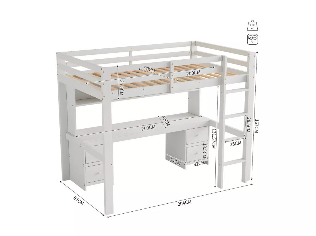 Lit mezzanine 90x200cm - avec bureau et 2 commodes - en pin massif et MDF - Blanc