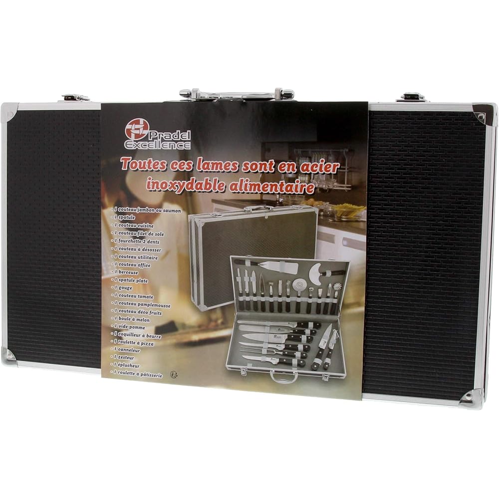 Pradel Excellence - Valise Cuisinier 23 Pièces - 8 Couteaux + 15 Ustensiles de Cuisine - Acier Inoxydable - Compatibles Lave-Vaisselle - Mallette Coutellerie de 50 x 28 x 7 cm : Cuisine et Maison
