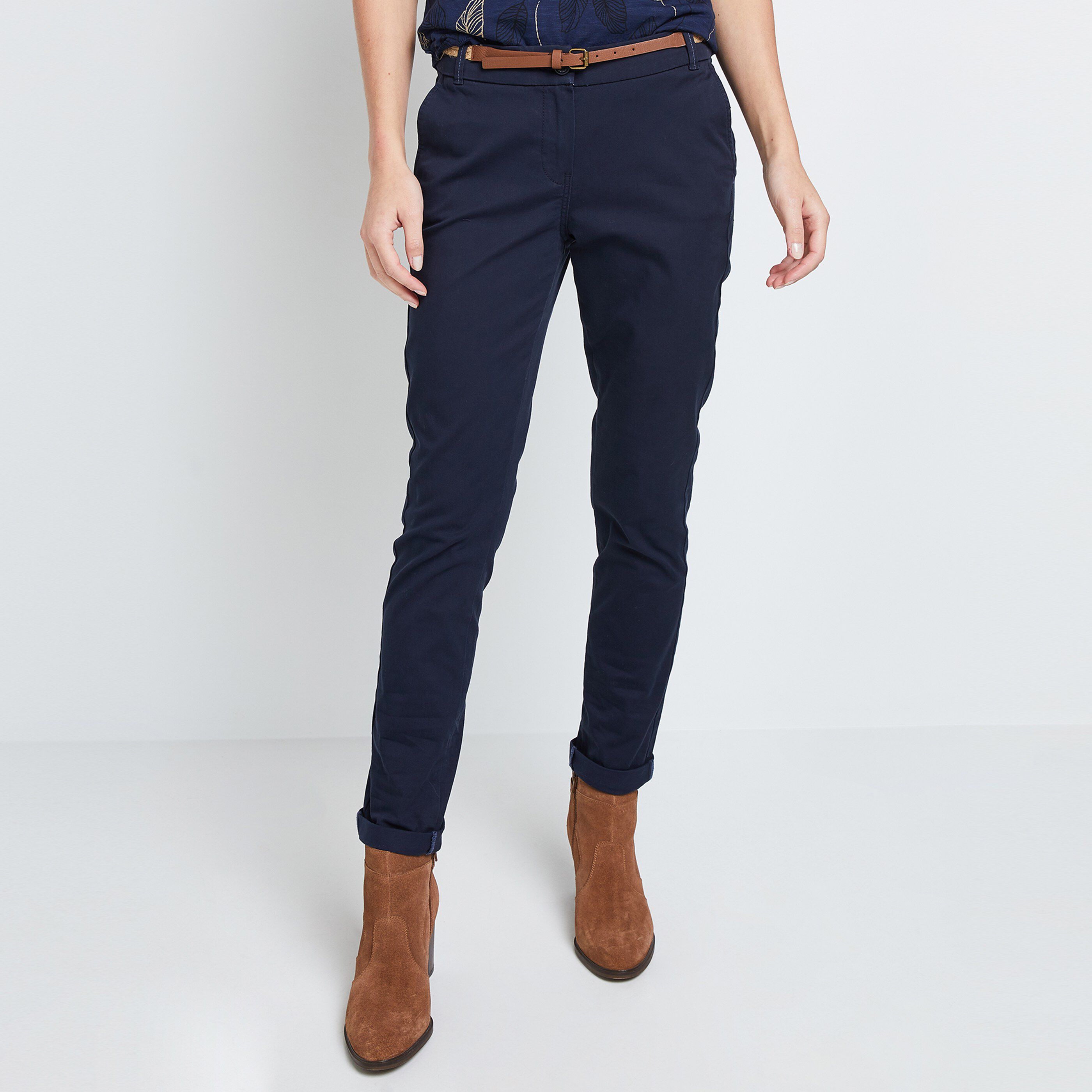 Pantalon chino avec ceinture femme - MARINE