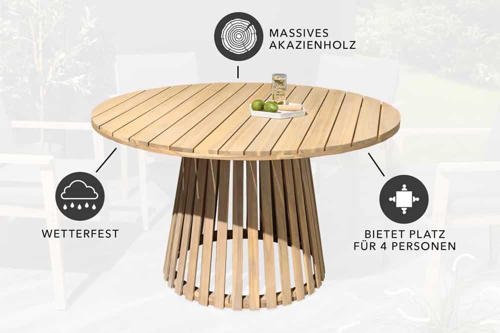Runder Gartentisch KOPENHAGEN 120cm natur Akazie Massivholz In- und Outdoor wetterfest