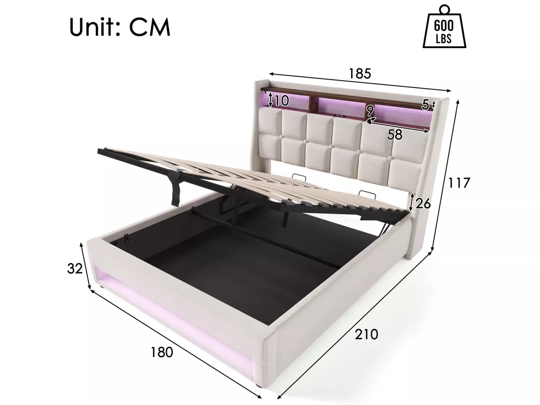 Lit coffre en lin 180x200cm avec LED et ports USB - sommier à lattes - beige