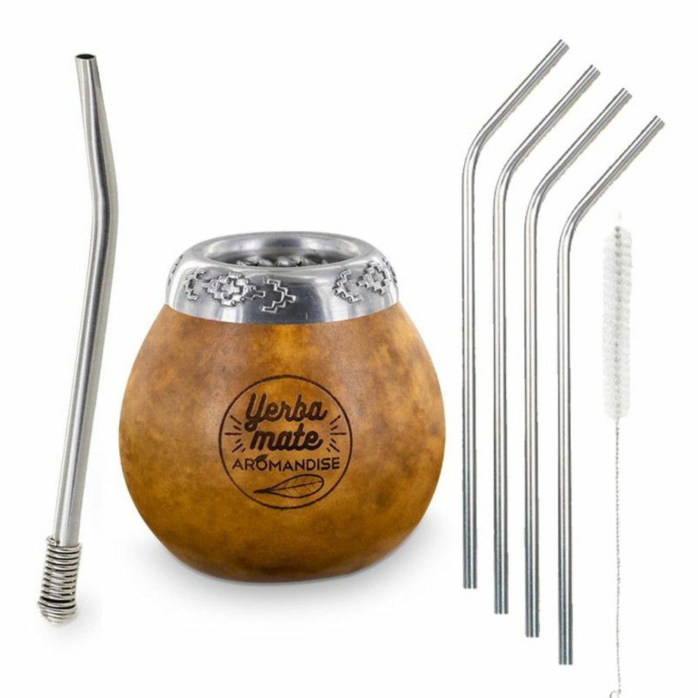 Calebasse et bombilla pour maté + 4 pailles en inox
