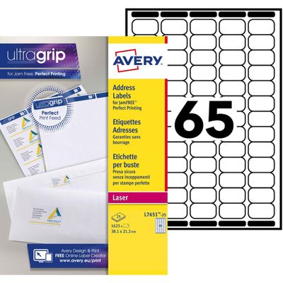 Avery - 1625 Mini Étiquettes adresse blanches - 38,1 x 21,2 mm - Impression laser - réf L7651-25